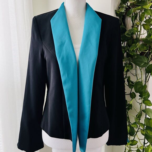 Miss Dorby Black & Turquoise Blue Trimmed & Lined Blazer Jacket - Womens Size 12 - Picture 1 of 8